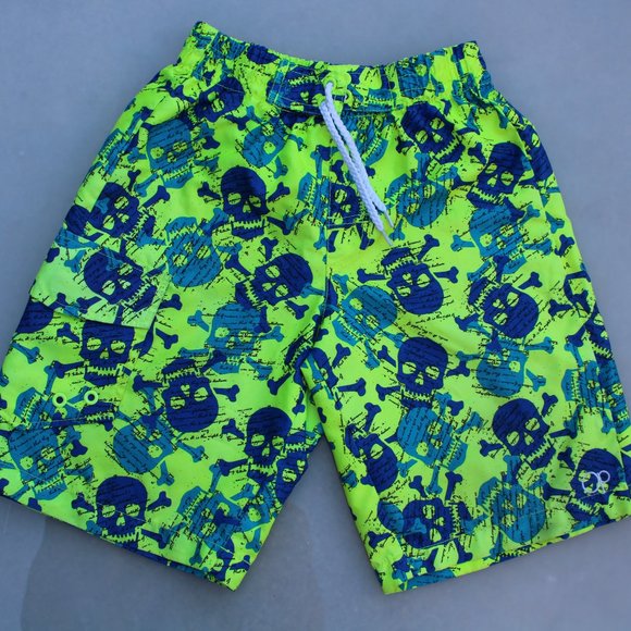 OP Ocean Pacific Youth Swim Trunks Youth L 16.5 X  W 10 Green Blue Skulls - Picture 1 of 10